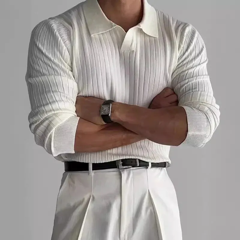 Men's Slim Fit Knit T-Shirt – Lapel Collar, Smooth Silhouette Pullover