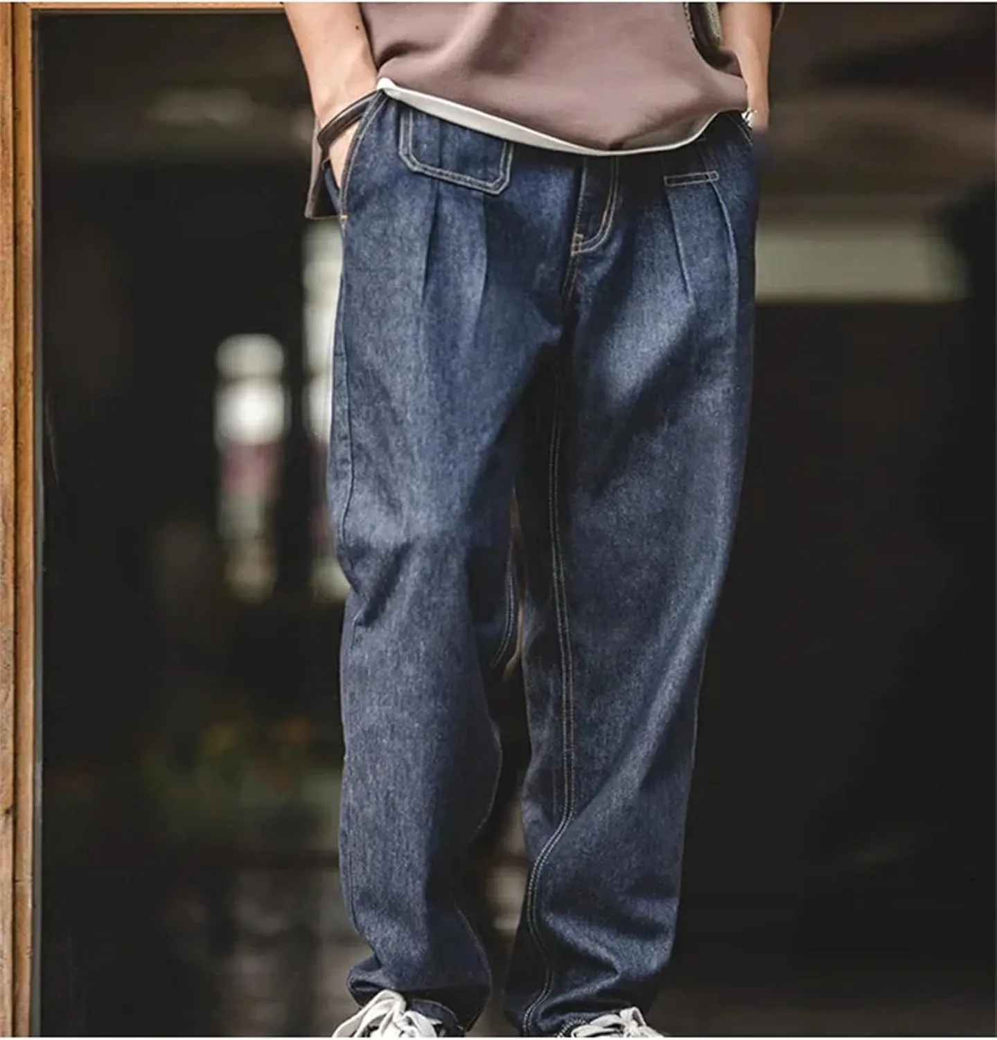 Men's Vintage Washed Distressed Baggy Jeans Casual Elastic Waist Straight Leg Denim Harem Pants