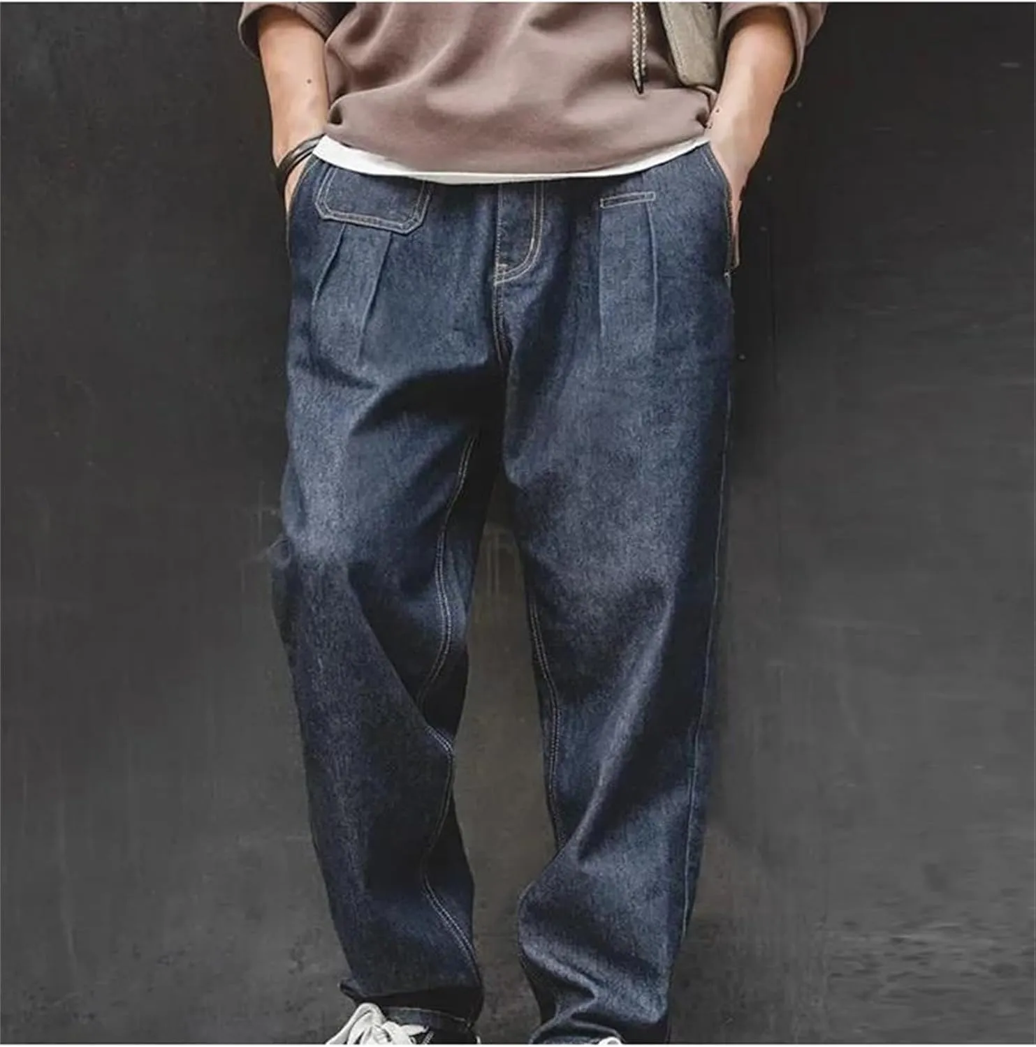 Men's Vintage Washed Distressed Baggy Jeans Casual Elastic Waist Straight Leg Denim Harem Pants