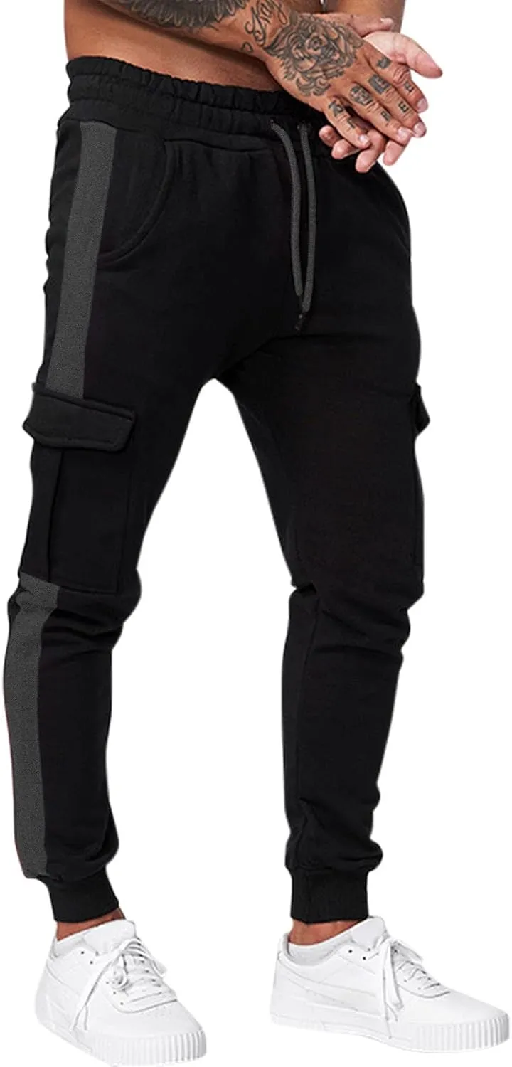 Mens Workout Cargo Sweatpants Drawstring Waist Side Pocket Straight Cargo Pants Joggers Men's Casual Athletic Cargo
