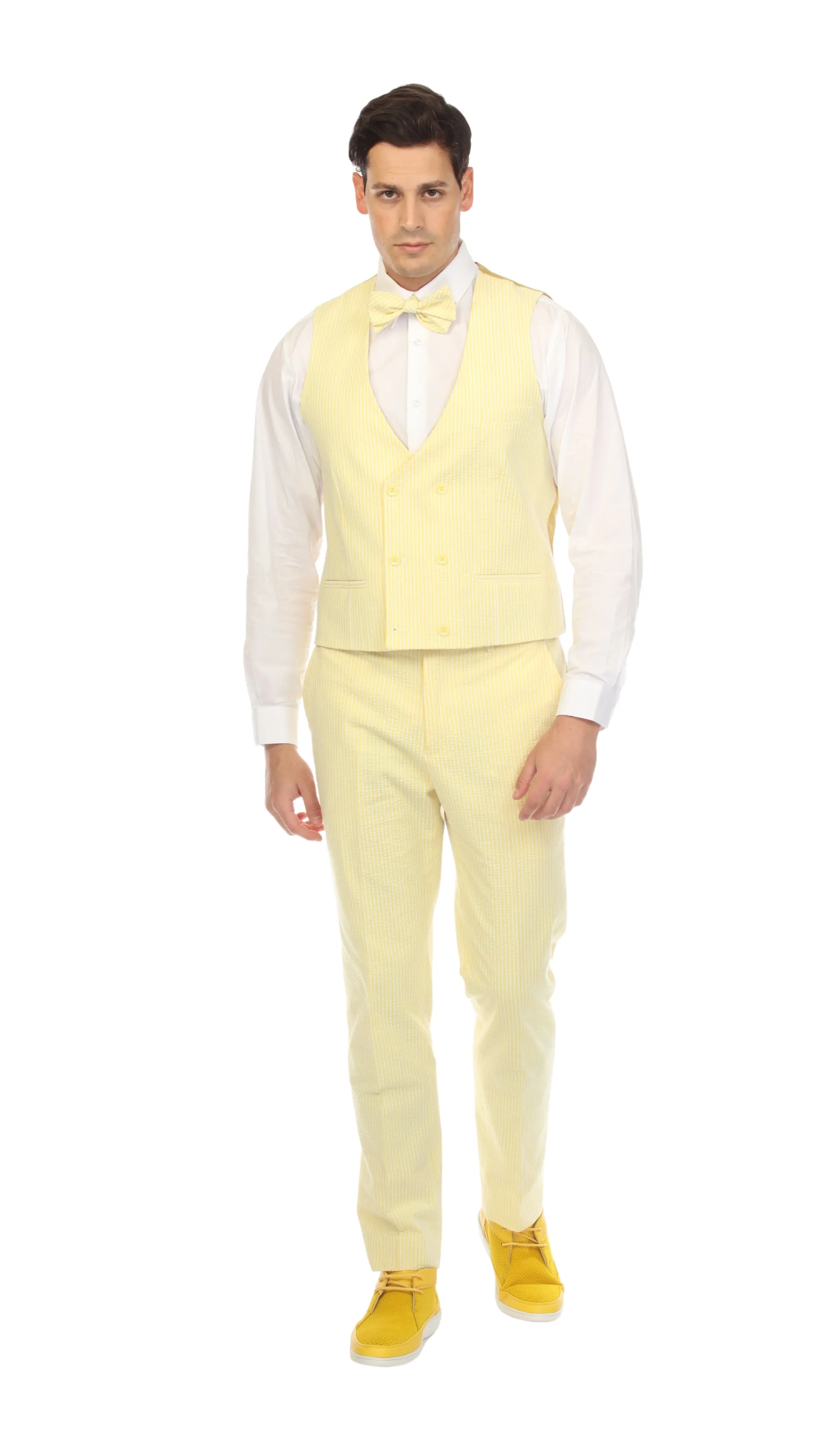 Mens Yellow Grant Double Breasted Seersucker Mens Vest