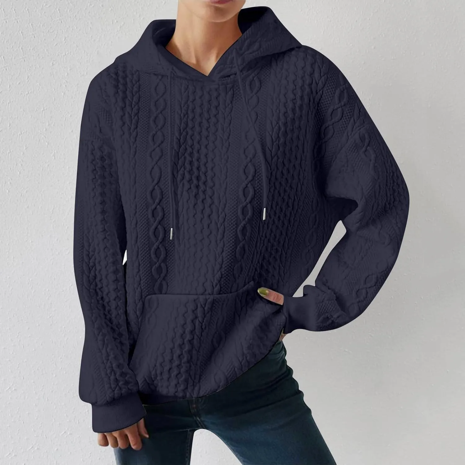 Oversized Sweatshirts for Women Loose Fit Drawstring Waffle Knit Hoodies Casual Cute Solid Long Sleeve Pullover Tops