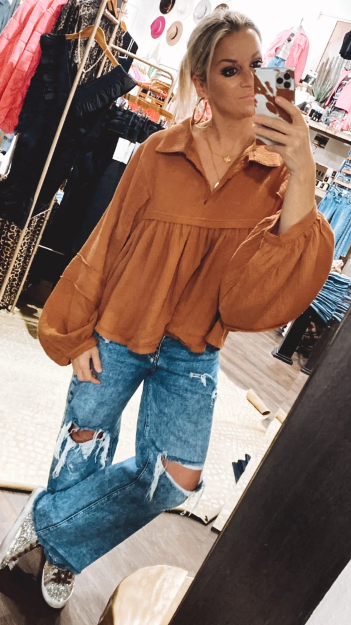 Puff Sleeve Babydoll Top in Camel