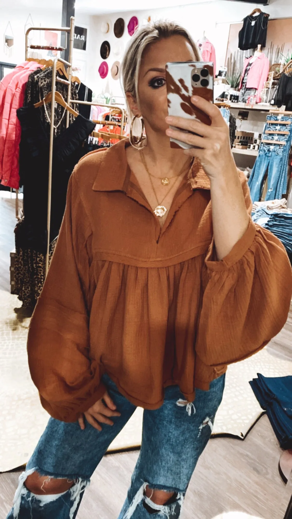 Puff Sleeve Babydoll Top in Camel