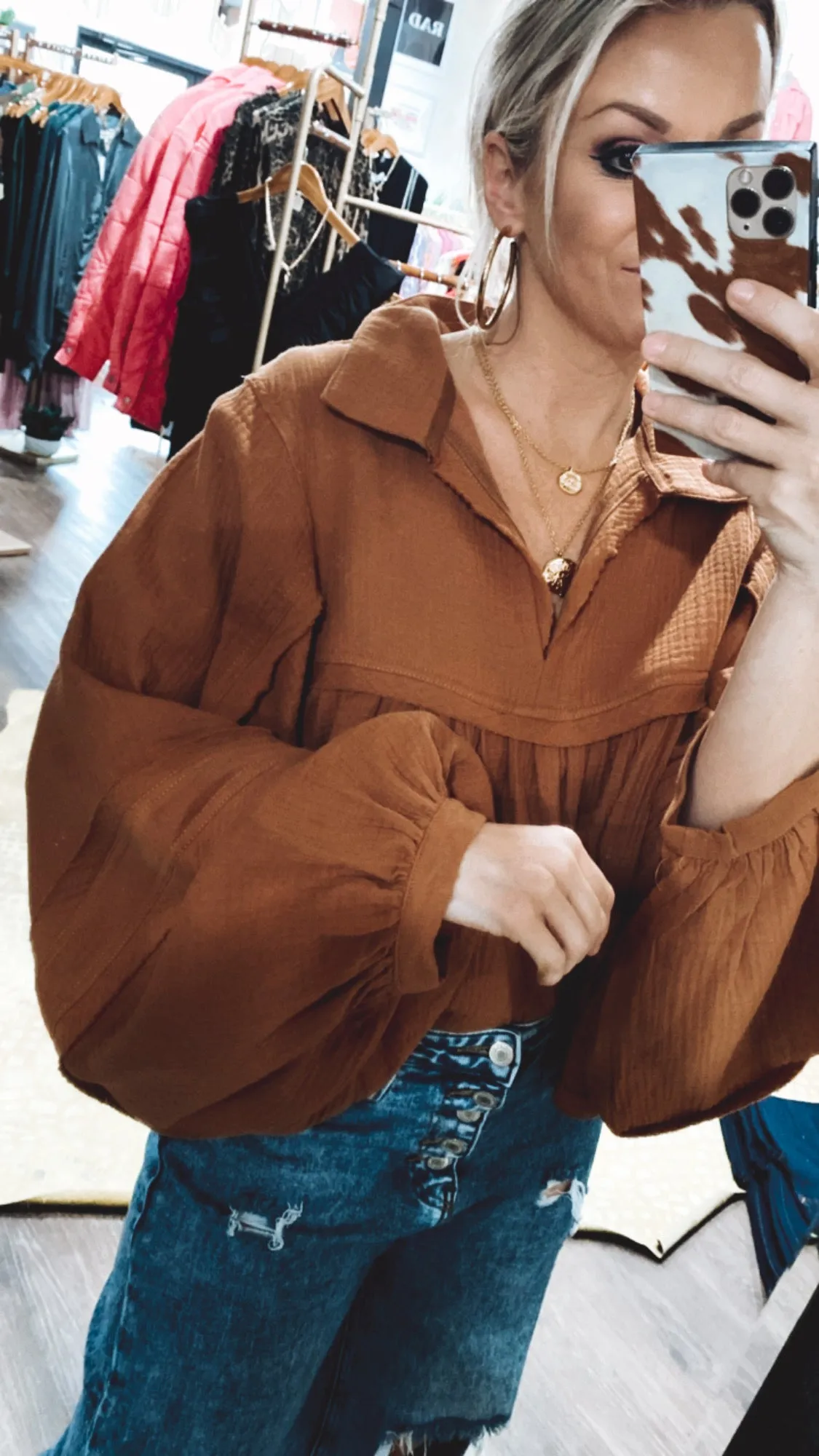 Puff Sleeve Babydoll Top in Camel