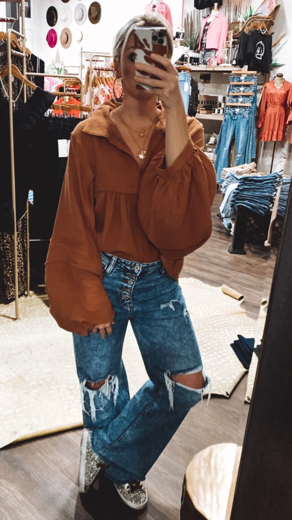 Puff Sleeve Babydoll Top in Camel