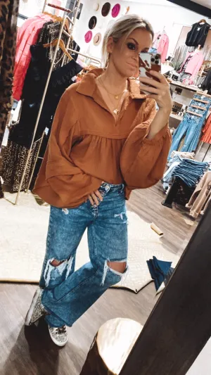 Puff Sleeve Babydoll Top in Camel