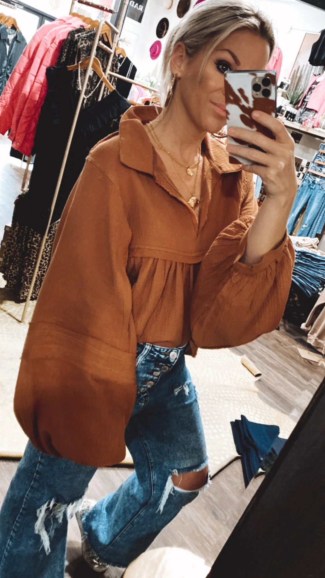 Puff Sleeve Babydoll Top in Camel