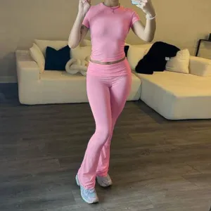 "Rapcopter American Style Basic Casual Solid Color T-shirt   Casual Pants with Rolled Waistband and Short Sleeves Sexy Sports Set"
