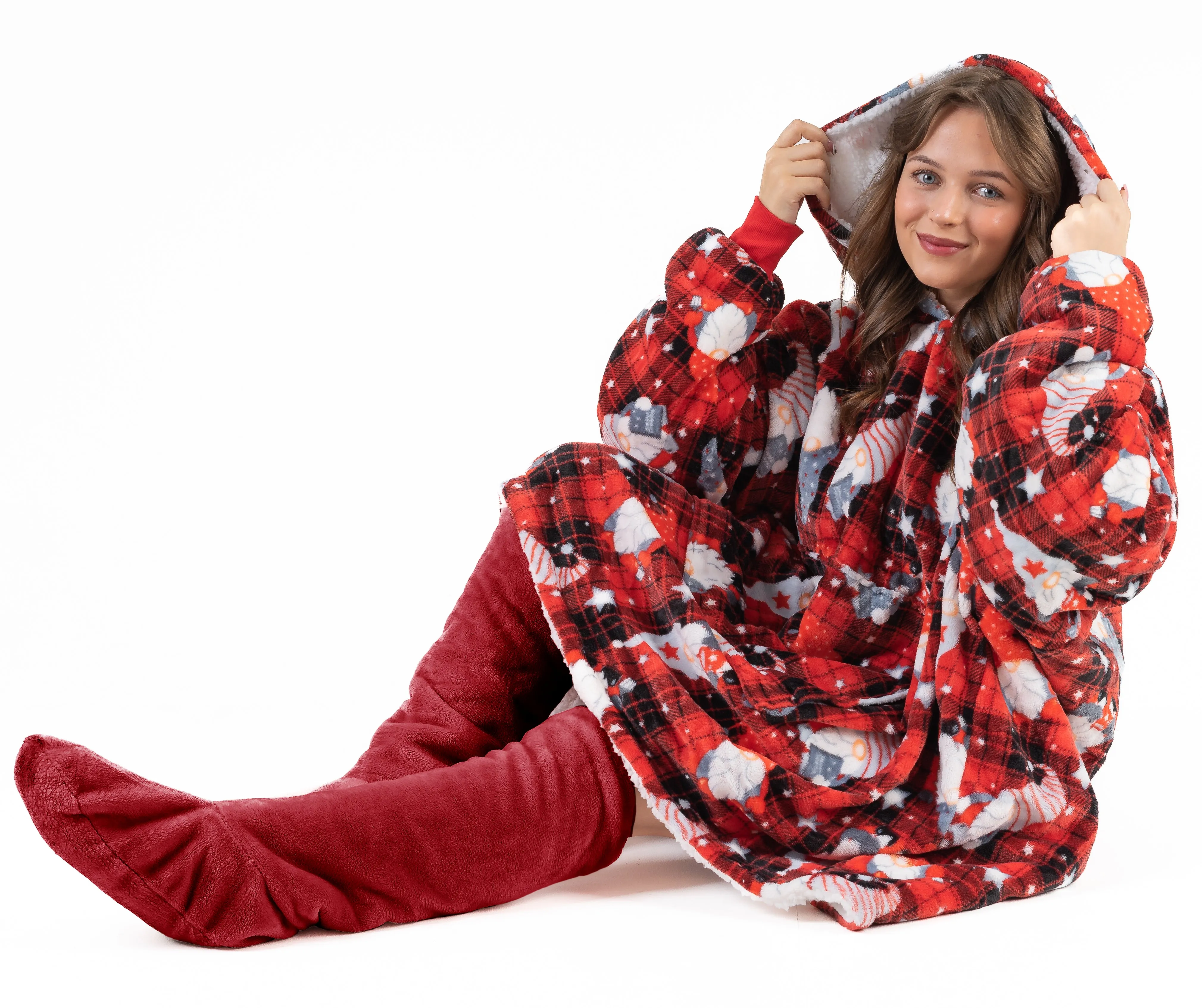 Red Tartan Check Gonks Hoodie Blanket