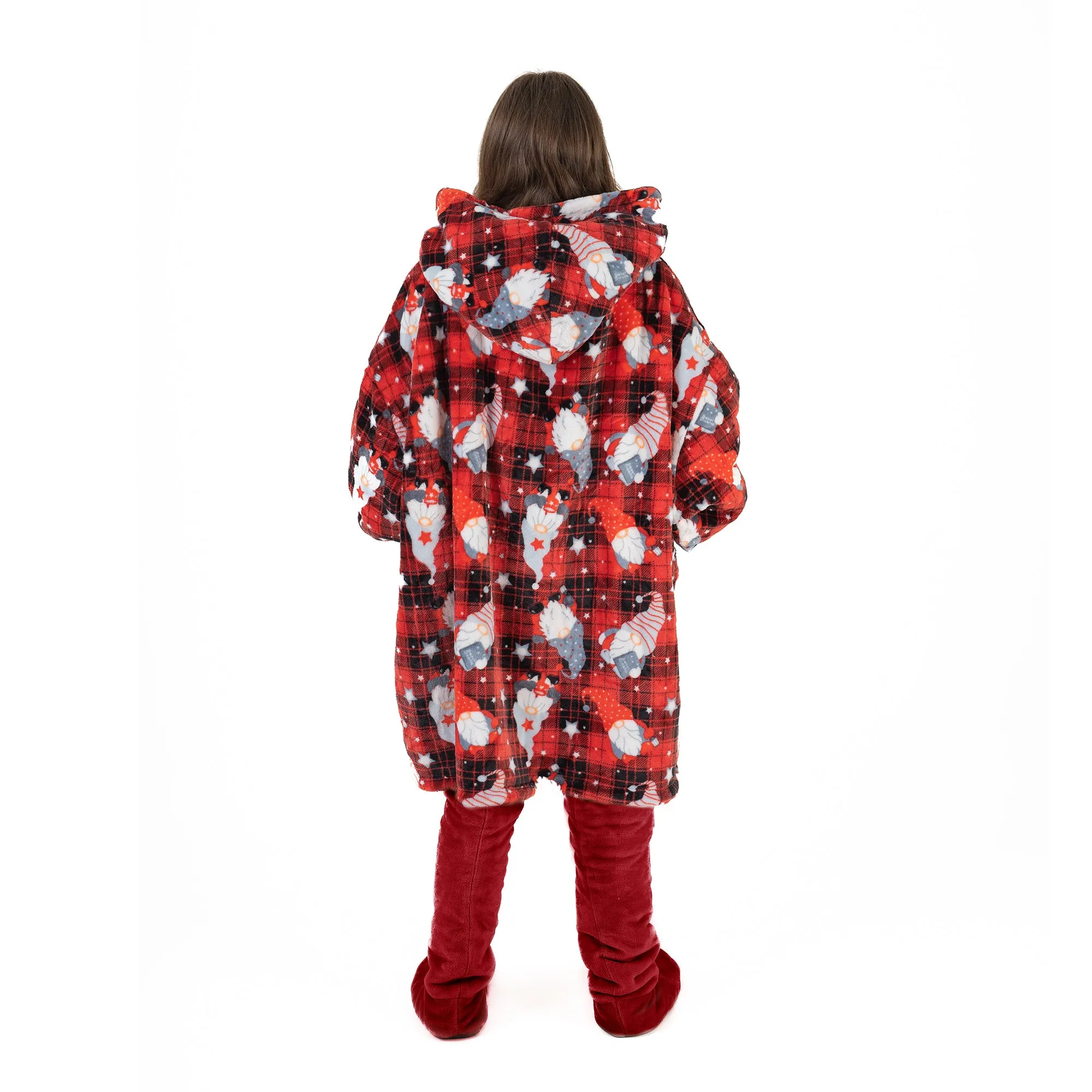 Red Tartan Check Gonks Hoodie Blanket
