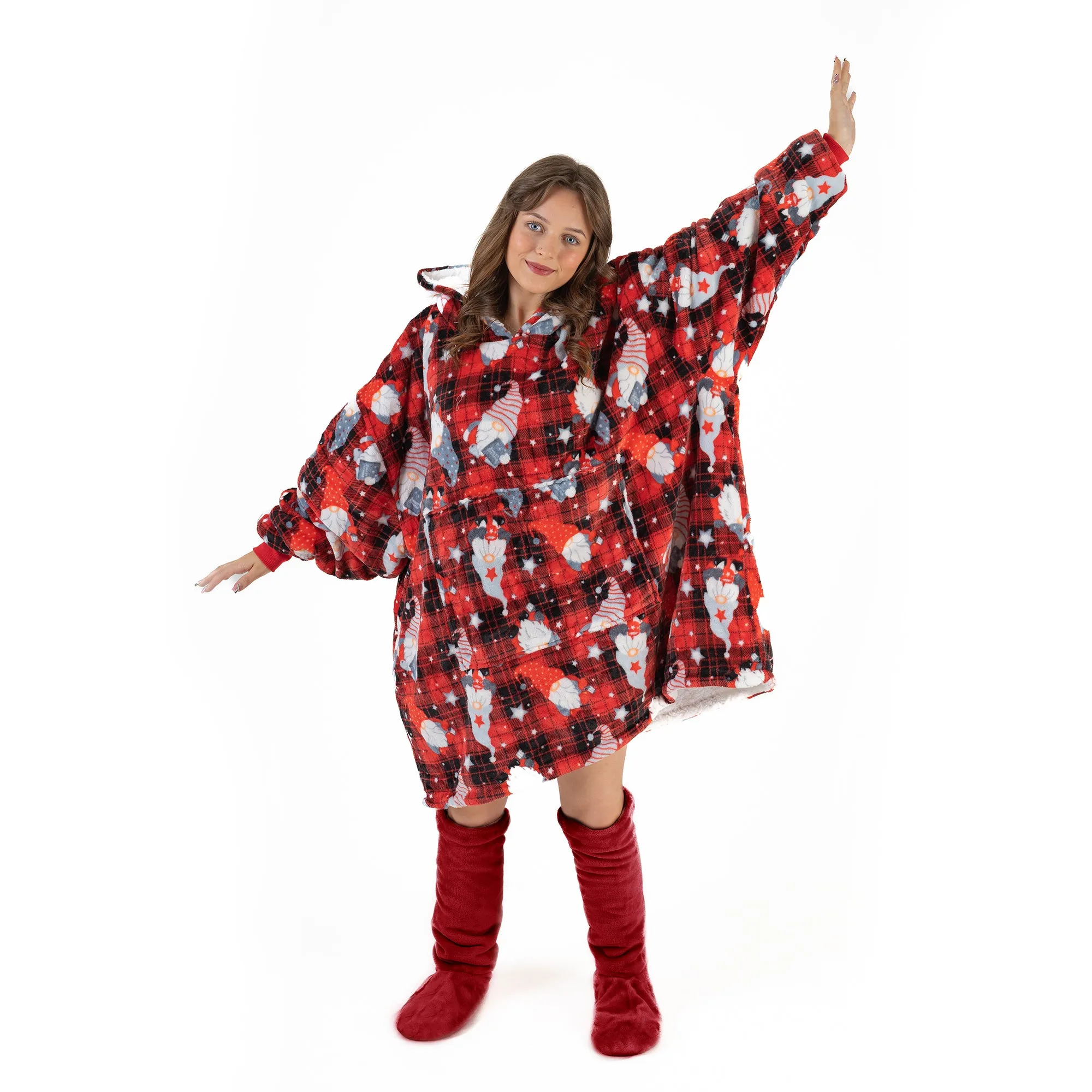 Red Tartan Check Gonks Hoodie Blanket