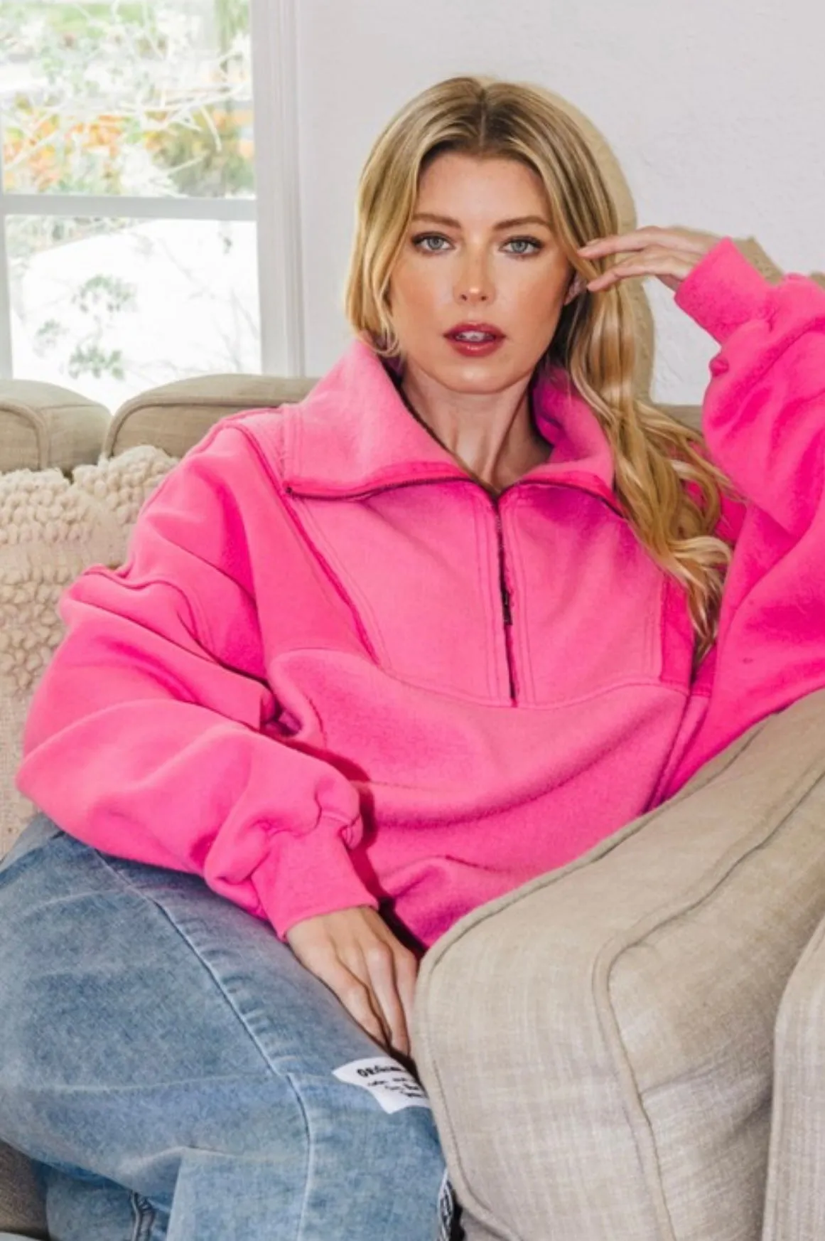 Relaxed Fit Zipper Front Fleece Sweatshirt