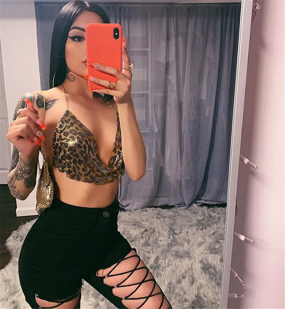 Sexy Metal Chain Snake Sequins Crop Top Women Snake Leopard Tops Backless Beach Nightclub Party Club Tank Top