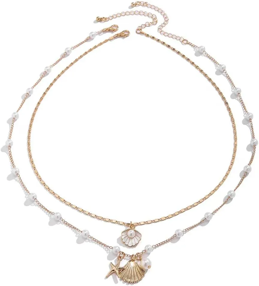 Shell Seashell Necklace Summer Beach Puka Shell Necklace Jewelry Choker Beach Necklaces for Women Preppy Shell Necklace Layered Charm Sequins Starfish Conch