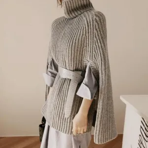 Solid Color High Neck Long Batwing Sleeves Loose Sweater