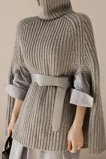 Solid Color High Neck Long Batwing Sleeves Loose Sweater