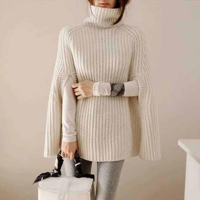 Solid Color High Neck Long Batwing Sleeves Loose Sweater