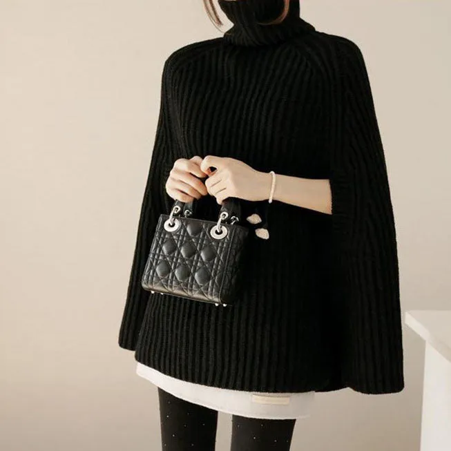 Solid Color High Neck Long Batwing Sleeves Loose Sweater