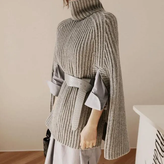 Solid Color High Neck Long Batwing Sleeves Loose Sweater