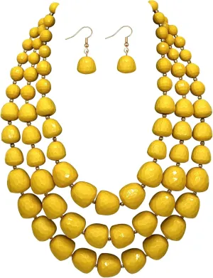 Statement Chunky Multi Strand Colorful Beaded Necklace For Women Fashion Costume Jewelry Earring Set Bold African Acrylic Large Strawberry Bead 3 Layered Bib Collar Choker