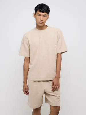 Studiofit Taupe Knit-Textured Relaxed-Fit T-Shirt