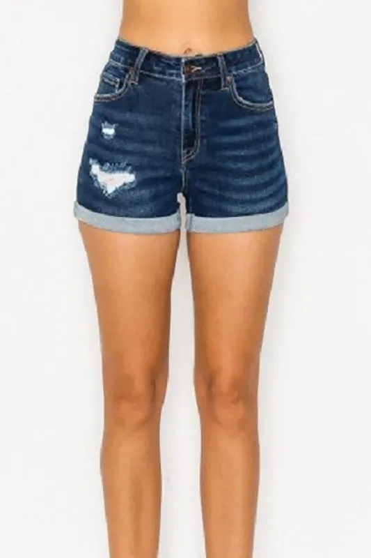 What To Do Mid Rise Dark Denim Shorts