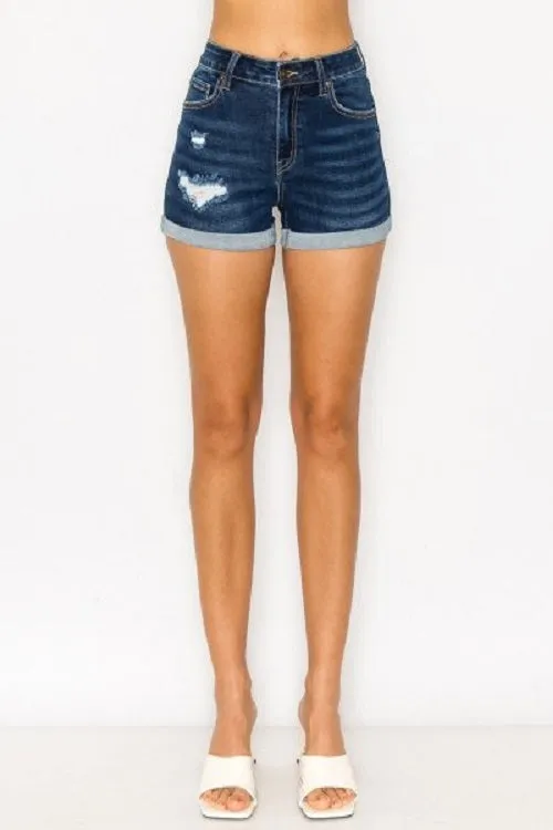 What To Do Mid Rise Dark Denim Shorts