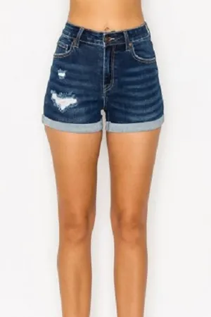 What To Do Mid Rise Dark Denim Shorts