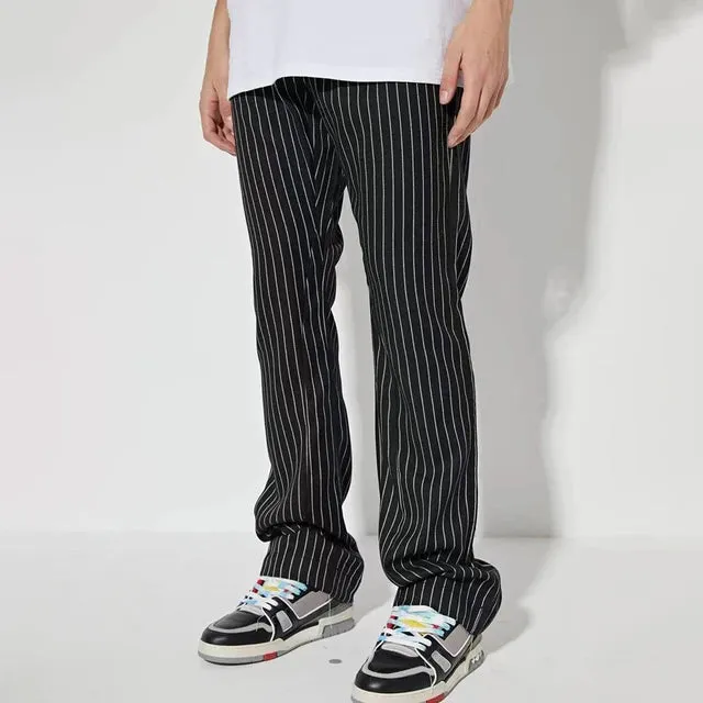 Wiaofellas Trendy British Business Striped Suit Pants Mens Summer Trendy Brand New Straight Loose Casual Pants Elegant Drape Wide-leg Pants