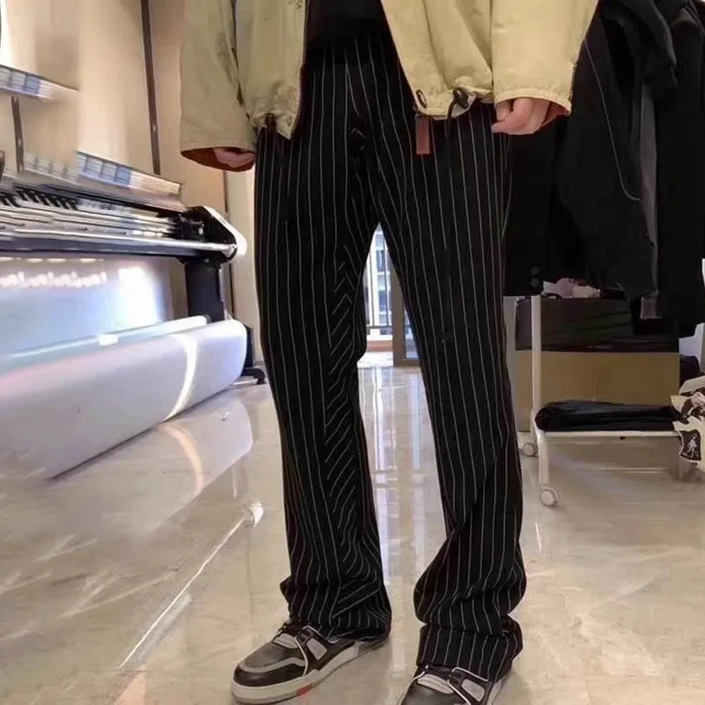 Wiaofellas Trendy British Business Striped Suit Pants Mens Summer Trendy Brand New Straight Loose Casual Pants Elegant Drape Wide-leg Pants