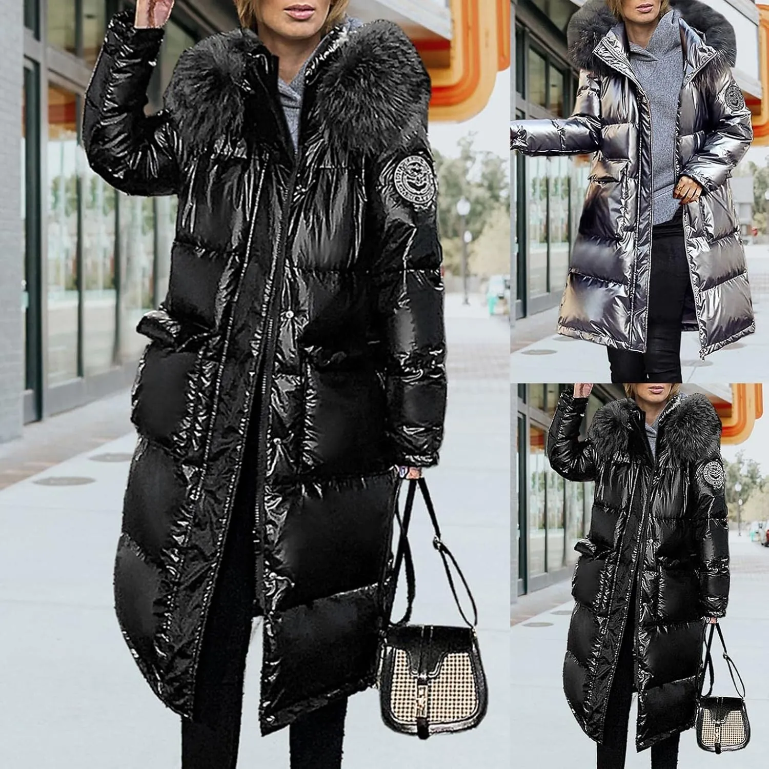 Women Shiny Long Coat Fashion Outerwear Bubble Cotton-padded Jackets Pocket Faux Fur Hooded Parka Outwear Overcoat