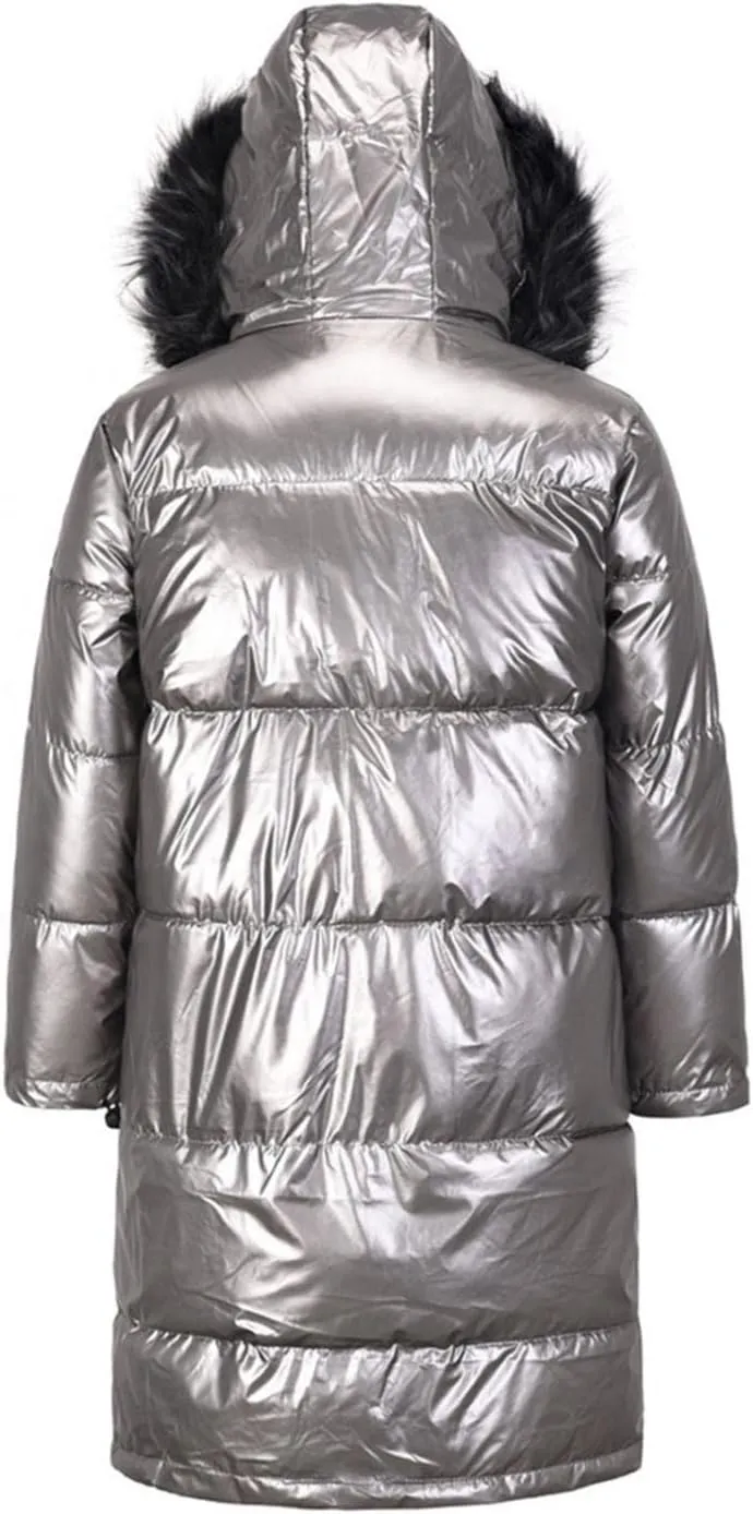 Women Shiny Long Coat Fashion Outerwear Bubble Cotton-padded Jackets Pocket Faux Fur Hooded Parka Outwear Overcoat