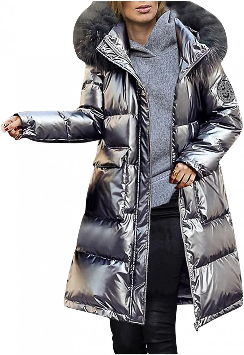 Women Shiny Long Coat Fashion Outerwear Bubble Cotton-padded Jackets Pocket Faux Fur Hooded Parka Outwear Overcoat