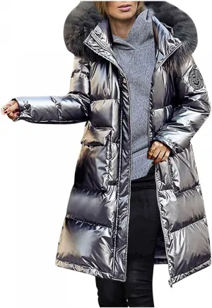 Women Shiny Long Coat Fashion Outerwear Bubble Cotton-padded Jackets Pocket Faux Fur Hooded Parka Outwear Overcoat