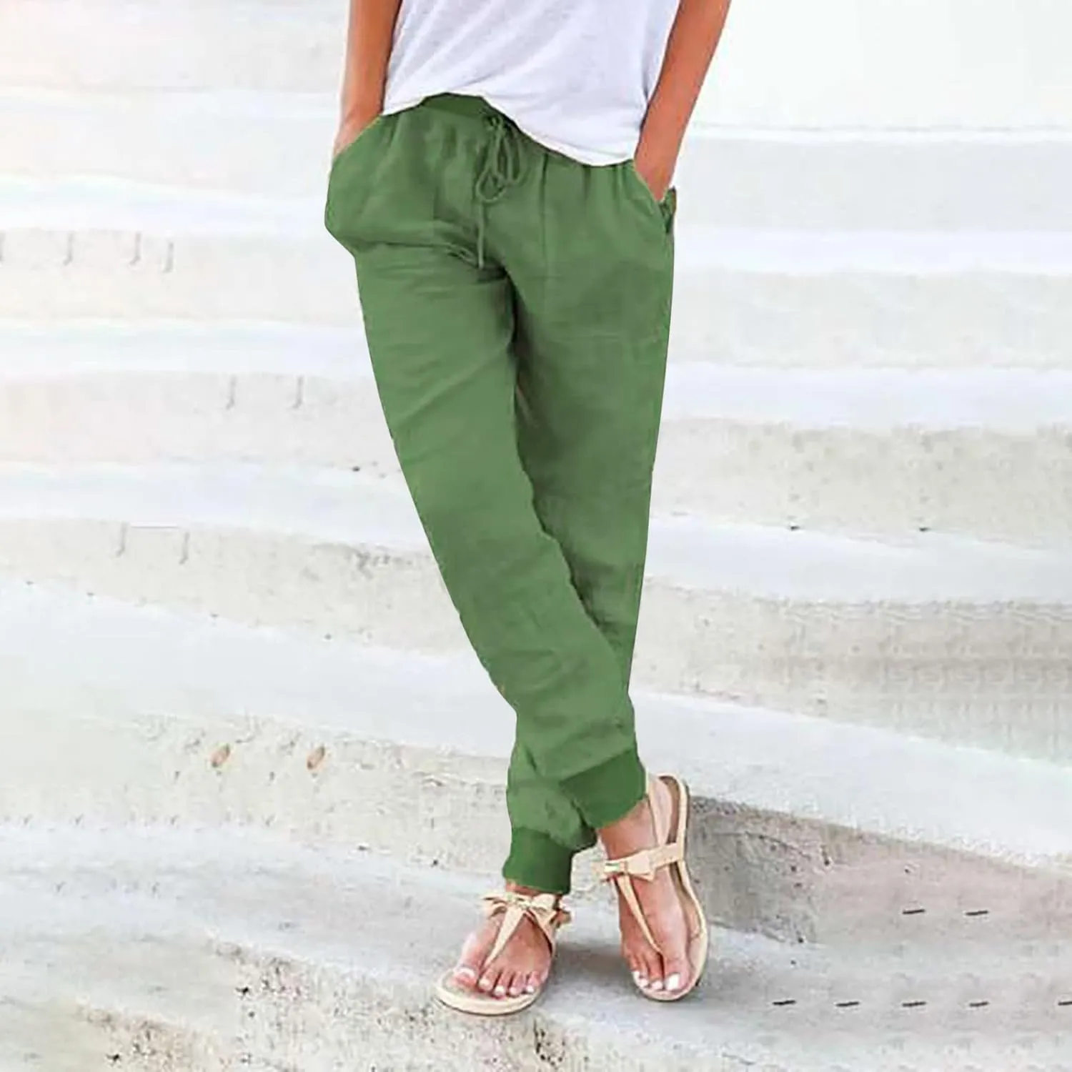 Women Tapered Linen Pants 2024 Summer Cotton Drawstring Elastic Waist Trousers Casual Baggy Comfy Solid Pants with Pockets