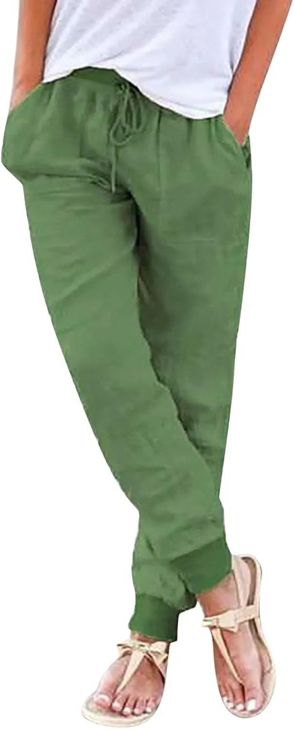 Women Tapered Linen Pants 2024 Summer Cotton Drawstring Elastic Waist Trousers Casual Baggy Comfy Solid Pants with Pockets