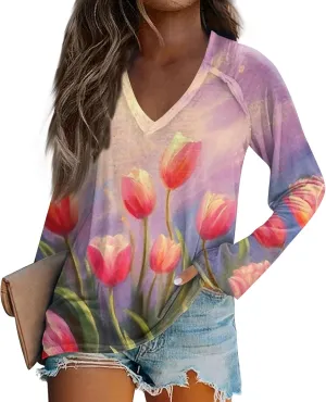 Women's 2025 Fall Long Sleeve Tops V Neck Sexy Floral Print Tee Tops Trendy Cute Loose Fit Dressy Winter Sweatshirt