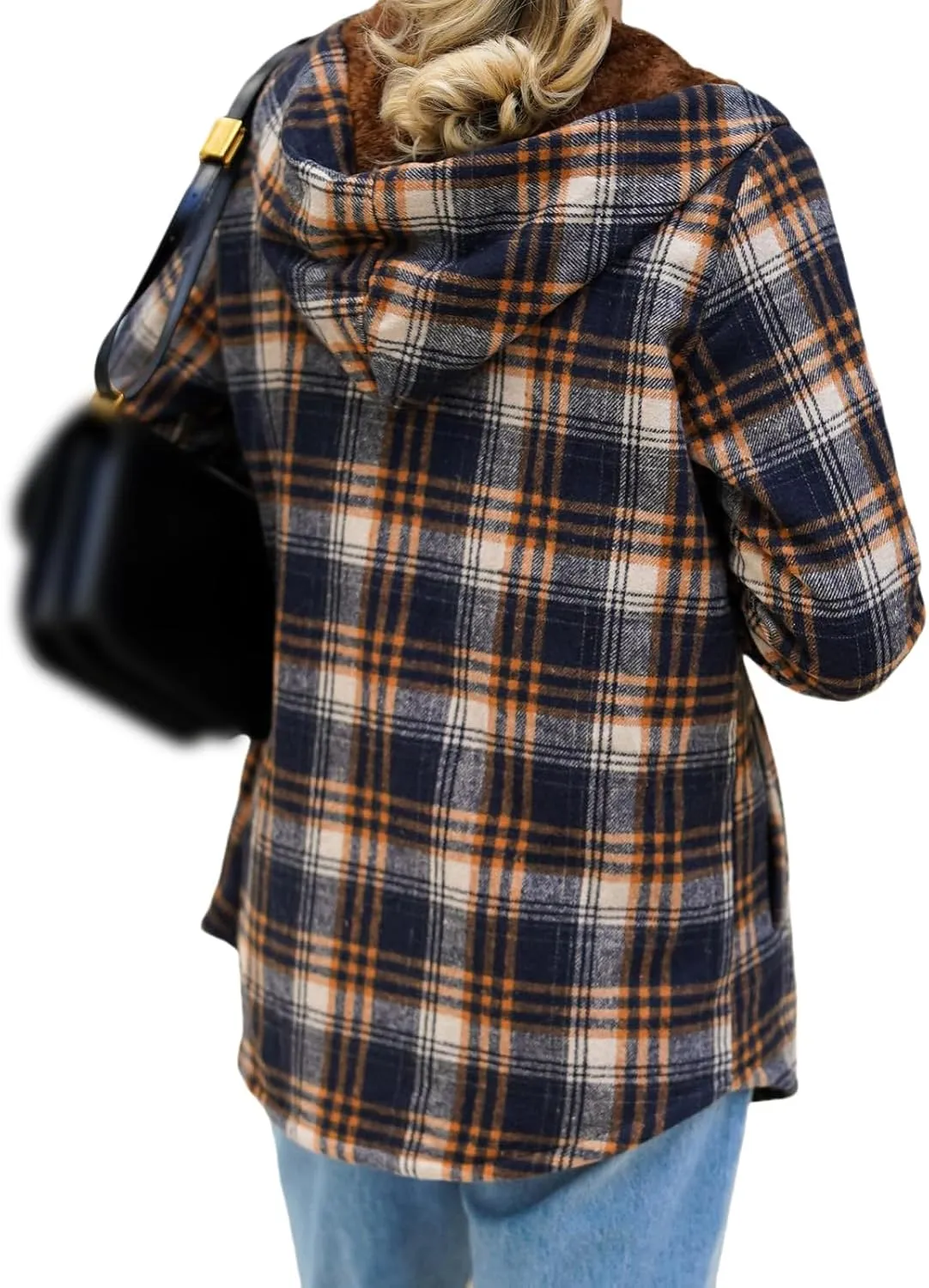 Womens Fleece Lined Jacket Flannel Plaid Shacket Casual Long Sleeve Button Down Hooded Jackets Fuzzy Warm Hoodies