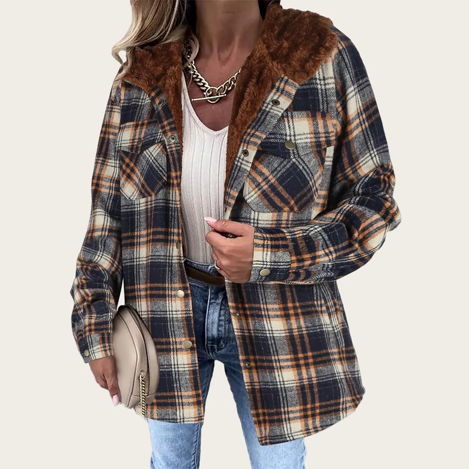 Womens Fleece Lined Jacket Flannel Plaid Shacket Casual Long Sleeve Button Down Hooded Jackets Fuzzy Warm Hoodies