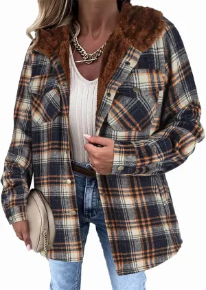 Womens Fleece Lined Jacket Flannel Plaid Shacket Casual Long Sleeve Button Down Hooded Jackets Fuzzy Warm Hoodies