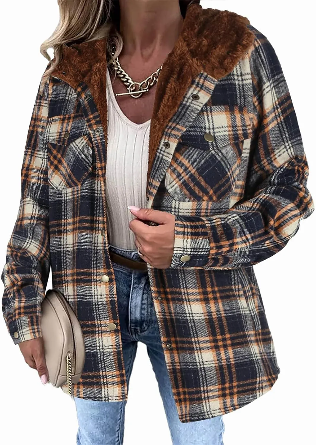 Womens Fleece Lined Jacket Flannel Plaid Shacket Casual Long Sleeve Button Down Hooded Jackets Fuzzy Warm Hoodies