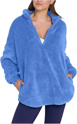 Womens Half Zip Sherpa Pullover Fuzzy Fleece Oversized Sweatshirts Long Sleeve Winter Warm Outerwear With Pockets