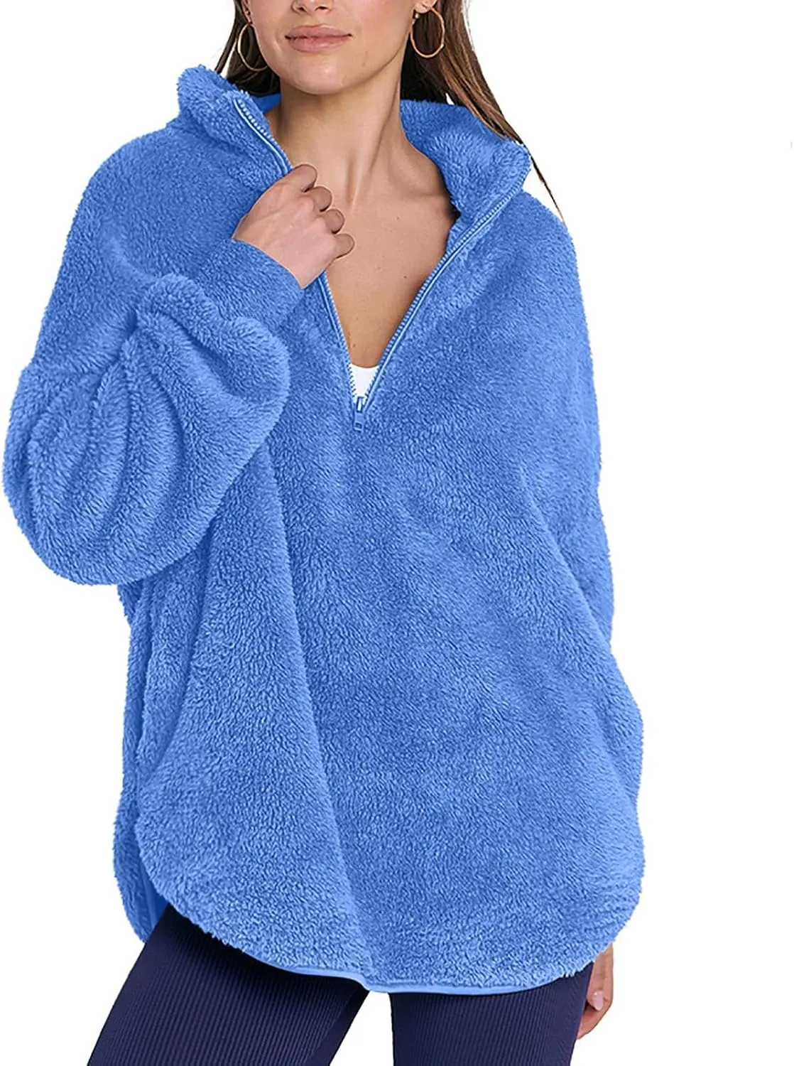 Womens Half Zip Sherpa Pullover Fuzzy Fleece Oversized Sweatshirts Long Sleeve Winter Warm Outerwear With Pockets