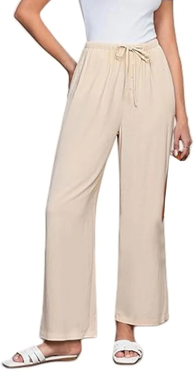Womens Linen Pants Summer Casual Capri Pants asual Loose Wide Leg High Waist Drawstring Pants Palazzo Flowy Trousers