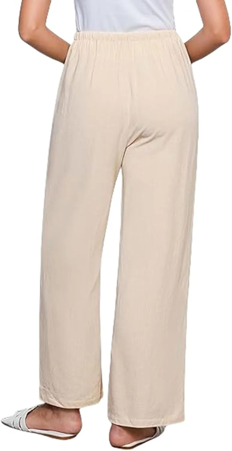Womens Linen Pants Summer Casual Capri Pants asual Loose Wide Leg High Waist Drawstring Pants Palazzo Flowy Trousers