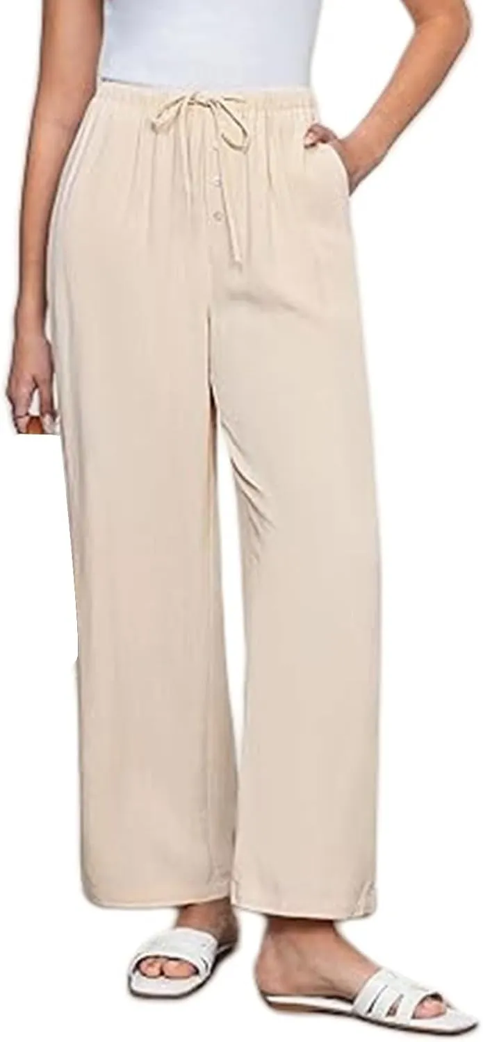 Womens Linen Pants Summer Casual Capri Pants asual Loose Wide Leg High Waist Drawstring Pants Palazzo Flowy Trousers