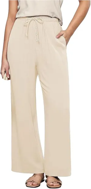 Womens Linen Pants Summer Casual Capri Pants asual Loose Wide Leg High Waist Drawstring Pants Palazzo Flowy Trousers