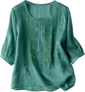 Women's Linen Shirts V Neck Buttons Blouses Floral Oversized Tee Top Short Sleeve Loose Fit Shirt