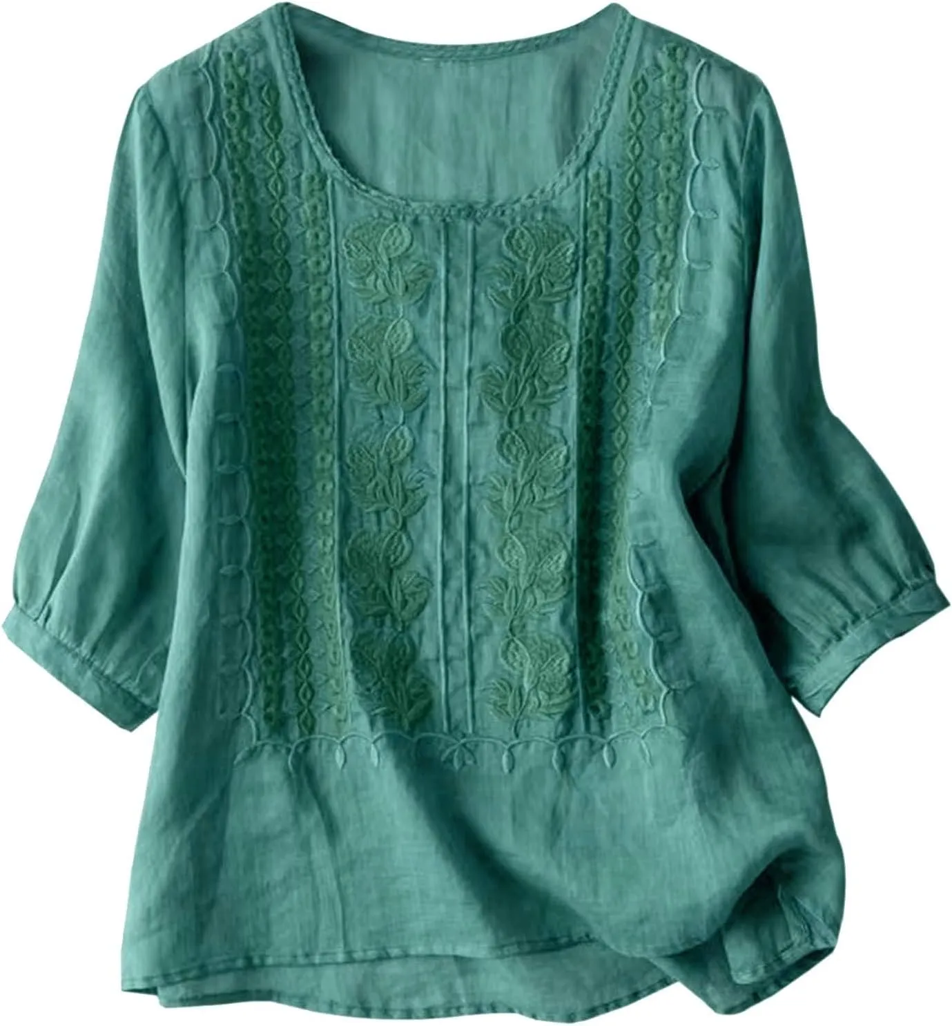 Women's Linen Shirts V Neck Buttons Blouses Floral Oversized Tee Top Short Sleeve Loose Fit Shirt